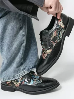 Chaussures Derby noires pour hommes bout rond imprimées style Oxford
