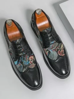 Chaussures Derby noires pour hommes bout rond imprimées style Oxford