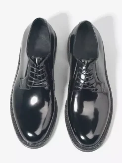 Chaussures Derby pour hommes en cuir véritable noir bout rond à lacets pour soirées et bals de promo