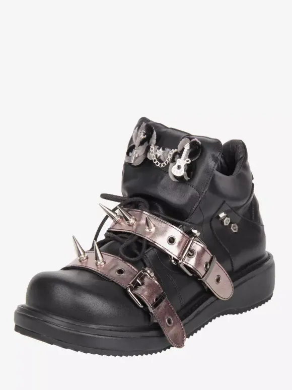 Chaussures Gothic Lolita noires à rivets en cuir PU et talon compensé