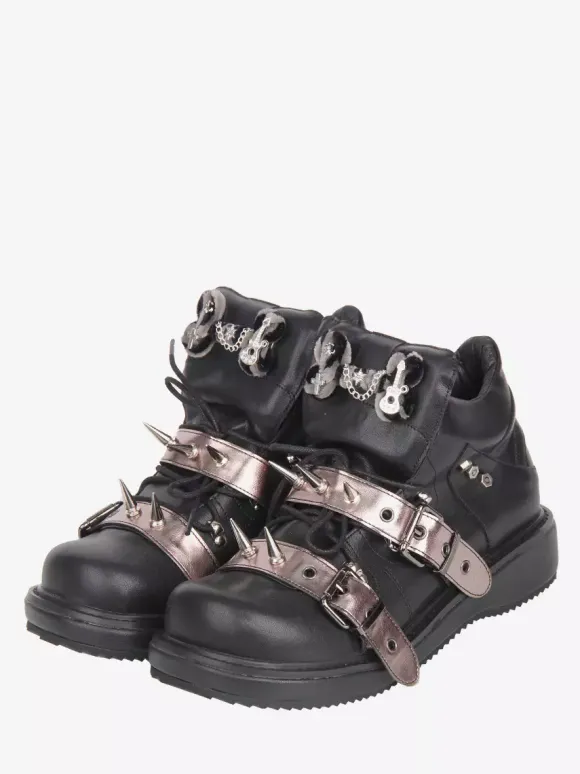 Chaussures Gothic Lolita noires à rivets en cuir PU et talon compensé