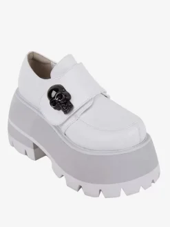 Chaussures gothiques Lolita avec détails en métal et squelette blanc chaussures Lolita en cuir PU à bout rond