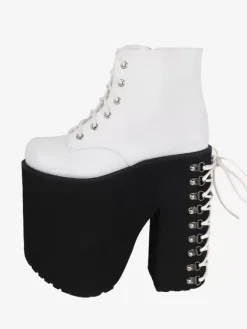 Chaussures gothiques Lolita avec 艙illets métalliques blancs bout rond chaussures Lolita en cuir PU