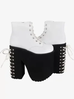 Chaussures gothiques Lolita avec 艙illets métalliques blancs bout rond chaussures Lolita en cuir PU