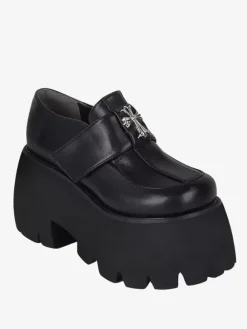 Chaussures gothiques Lolita avec croix noire détails en métal bout rond chaussures Lolita en cuir PU