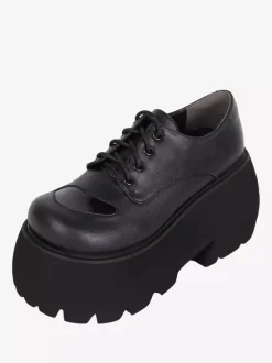Chaussures gothiques épais Lolita noires en cuir PU à bout rond