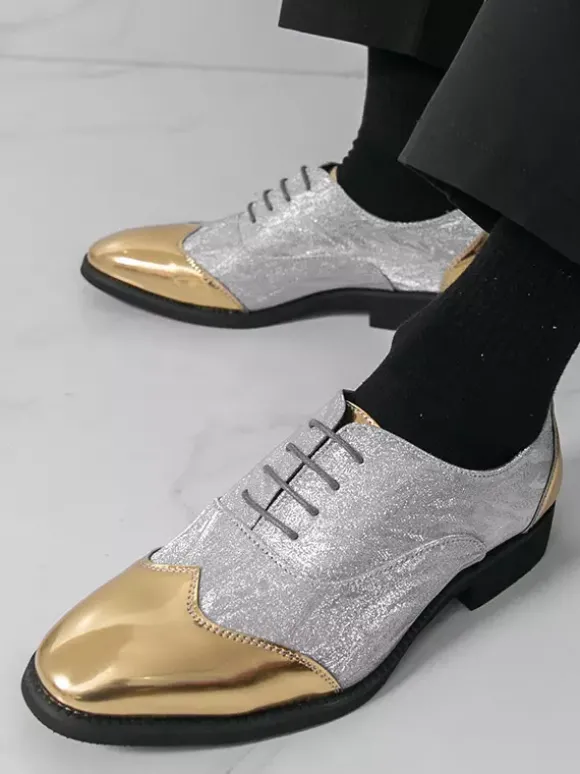 Chaussures habillées dorées pour hommes bout rond patchwork lacets chaussures décontractées