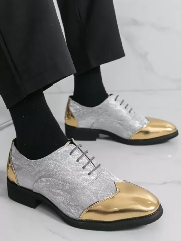 Chaussures habillées dorées pour hommes bout rond patchwork lacets chaussures décontractées