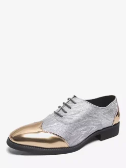 Chaussures habillées dorées pour hommes bout rond patchwork lacets chaussures décontractées