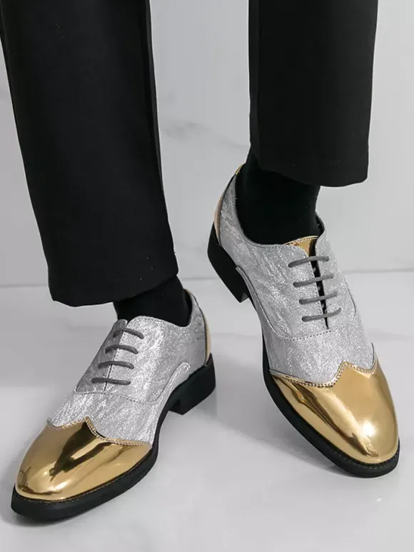 Chaussures habillées dorées pour hommes bout rond patchwork lacets chaussures décontractées