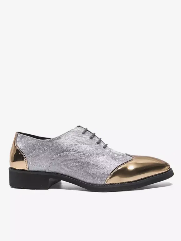 Chaussures habillées dorées pour hommes bout rond patchwork lacets chaussures décontractées
