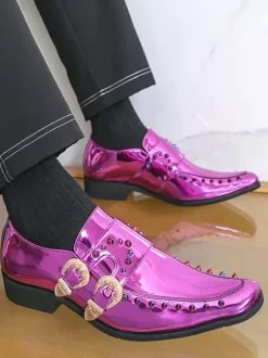 Chaussures habillées pour hommes bout carré métallisé boucle perlée