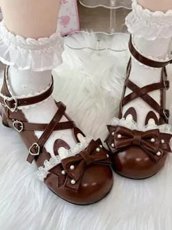 Chaussures Lolita classiques roses à n艙uds et lapins en cuir PU à talons compensés.