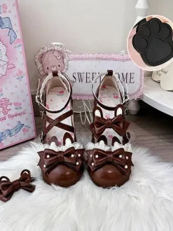Chaussures Lolita classiques roses à n艙uds et lapins en cuir PU à talons compensés.