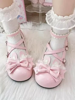 Chaussures Lolita classiques roses à n艙uds et lapins en cuir PU à talons compensés.