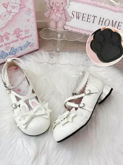 Chaussures Lolita classiques roses à n艙uds et lapins en cuir PU à talons compensés.