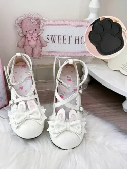 Chaussures Lolita classiques roses à n艙uds et lapins en cuir PU à talons compensés.