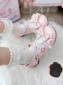 Chaussures Lolita classiques roses à n艙uds et lapins en cuir PU à talons compensés.