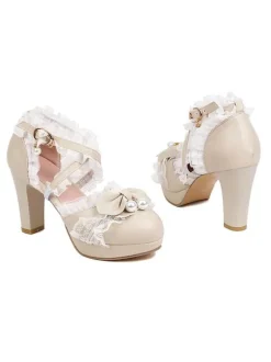 Chaussures Lolita De Style Rococo N艙uds Noirs Volants Perles Bout Rond Pompes Lolita En Cuir PU