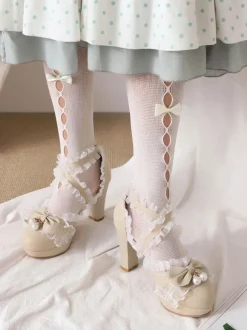 Chaussures Lolita De Style Rococo N艙uds Noirs Volants Perles Bout Rond Pompes Lolita En Cuir PU