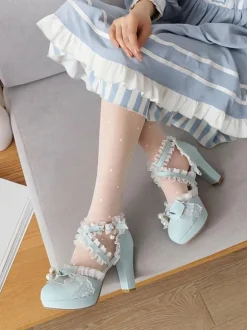 Chaussures Lolita De Style Rococo N艙uds Noirs Volants Perles Bout Rond Pompes Lolita En Cuir PU