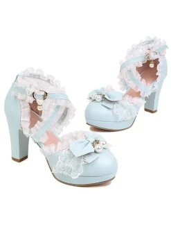 Chaussures Lolita De Style Rococo N艙uds Noirs Volants Perles Bout Rond Pompes Lolita En Cuir PU