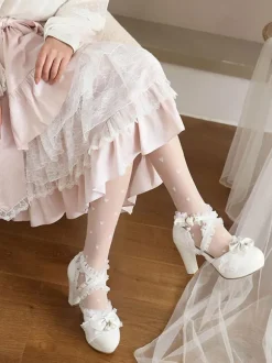 Chaussures Lolita De Style Rococo N艙uds Noirs Volants Perles Bout Rond Pompes Lolita En Cuir PU