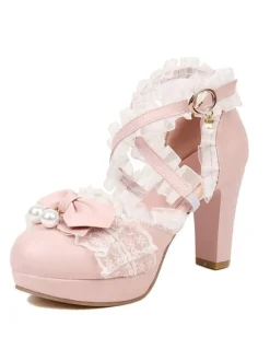 Chaussures Lolita De Style Rococo N艙uds Noirs Volants Perles Bout Rond Pompes Lolita En Cuir PU