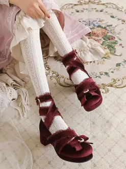 Chaussures Lolita de style ROCOCO Chaussures Lolita en nubuck à bout rond avec n艙uds en dentelle noire et volants