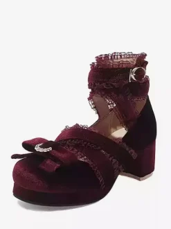 Chaussures Lolita de style ROCOCO Chaussures Lolita en nubuck à bout rond avec n艙uds en dentelle noire et volants