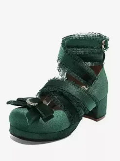 Chaussures Lolita de style ROCOCO Chaussures Lolita en nubuck à bout rond avec n艙uds en dentelle noire et volants