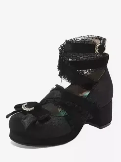Chaussures Lolita de style ROCOCO Chaussures Lolita en nubuck à bout rond avec n艙uds en dentelle noire et volants