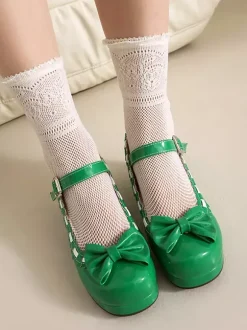 Chaussures Lolita gothiques Mary Jane à talons mi-hauts à volants et à bout rond couleur rouge