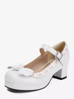 Chaussures Lolita gothiques Mary Jane à talons mi-hauts à volants et à bout rond couleur rouge