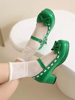 Chaussures Lolita gothiques Mary Jane à talons mi-hauts à volants et à bout rond couleur rouge