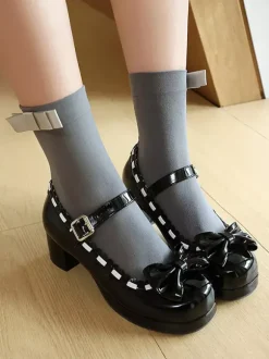 Chaussures Lolita gothiques Mary Jane à talons mi-hauts à volants et à bout rond couleur rouge