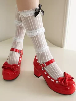 Chaussures Lolita gothiques Mary Jane à talons mi-hauts à volants et à bout rond couleur rouge