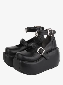 Chaussures Lolita Gothiques Oeillets Noirs Cuir PU Talon Compensé Chaussures Lolita