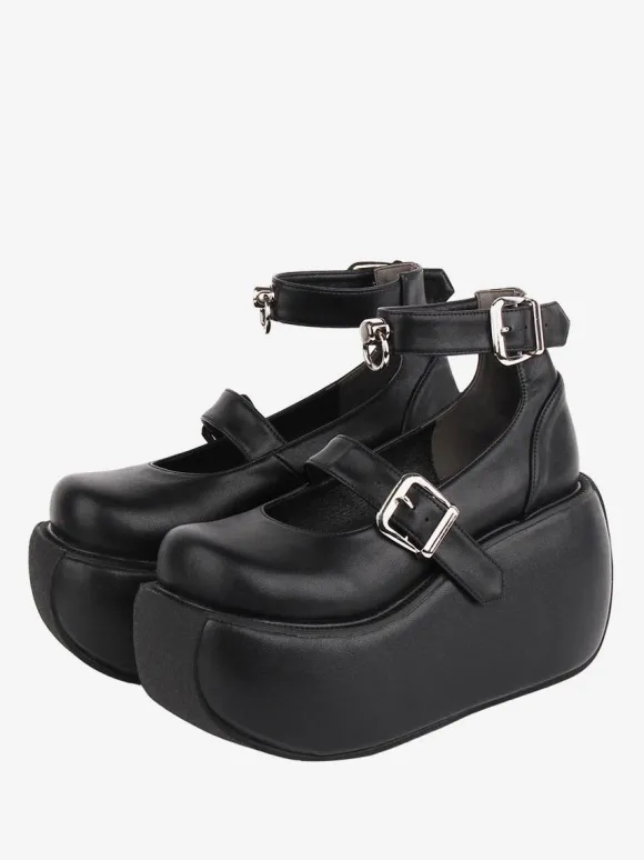 Chaussures Lolita Gothiques Oeillets Noirs Cuir PU Talon Compensé Chaussures Lolita
