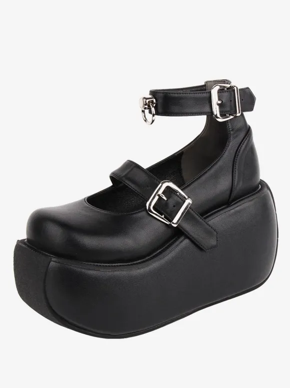 Chaussures Lolita Gothiques Oeillets Noirs Cuir PU Talon Compensé Chaussures Lolita