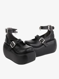 Chaussures Lolita Gothiques Oeillets Noirs Cuir PU Talon Compensé Chaussures Lolita