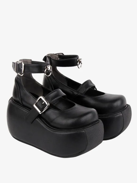 Chaussures Lolita Gothiques Oeillets Noirs Cuir PU Talon Compensé Chaussures Lolita