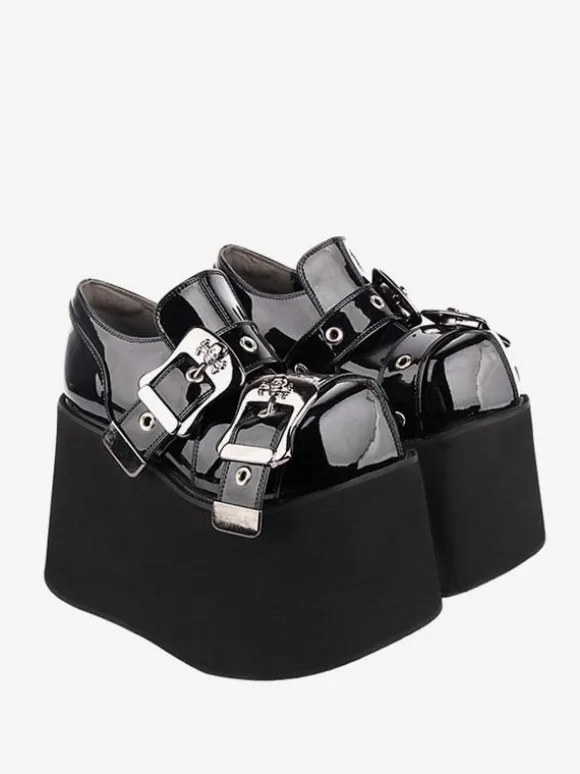 Chaussures Lolita gothiques 艗illets noirs Escarpins Lolita à talons compensés en cuir PU