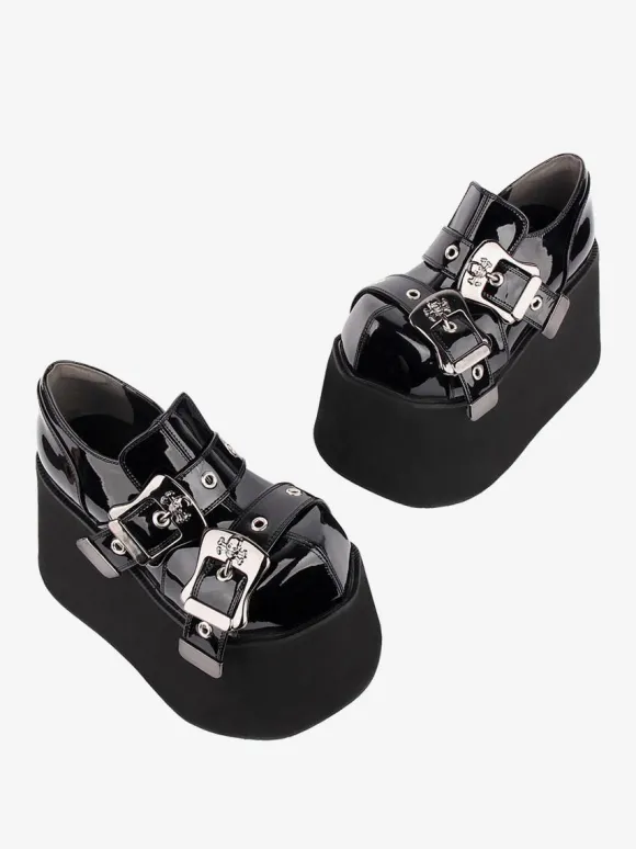 Chaussures Lolita gothiques 艗illets noirs Escarpins Lolita à talons compensés en cuir PU