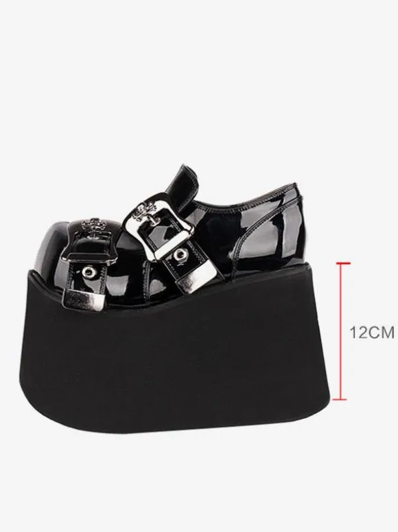 Chaussures Lolita gothiques 艗illets noirs Escarpins Lolita à talons compensés en cuir PU
