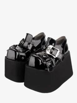 Chaussures Lolita gothiques 艗illets noirs Escarpins Lolita à talons compensés en cuir PU