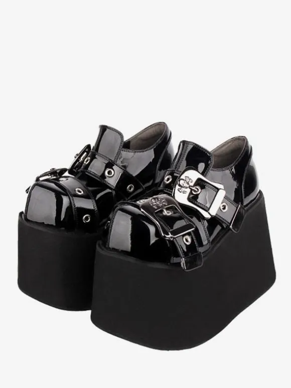 Chaussures Lolita gothiques 艗illets noirs Escarpins Lolita à talons compensés en cuir PU