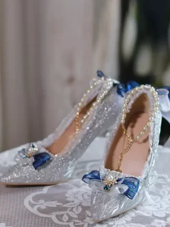 Chaussures Lolita Hime de mariage douces bloc de couleur argenté volants n艙uds bout pointu escarpins Lolita