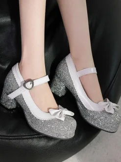 Chaussures Lolita Mignonne Paillettes Bout rond Chaussures Lolita en cuir PU