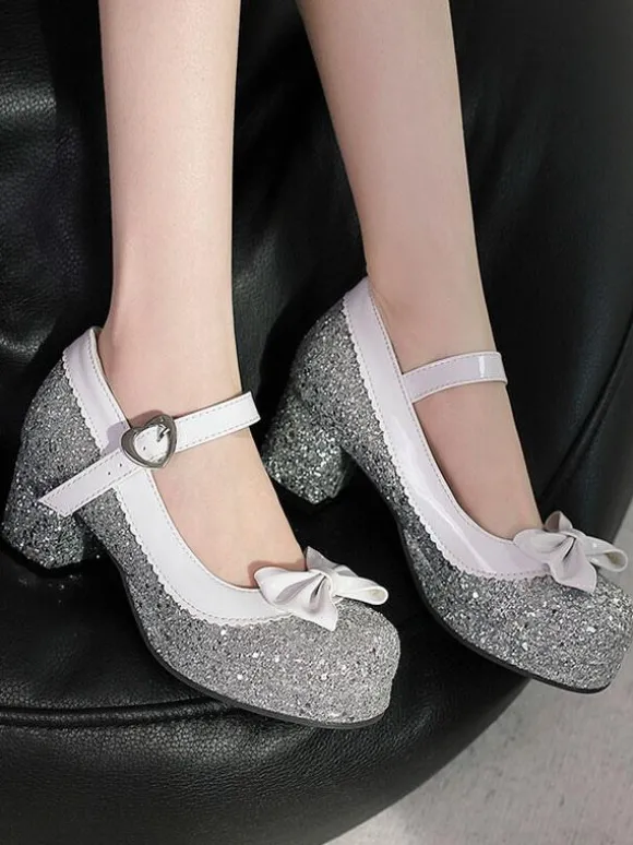 Chaussures Lolita Mignonne Paillettes Bout rond Chaussures Lolita en cuir PU